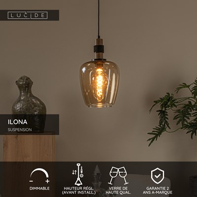 Lucide ILONA - Suspension - Ø 22 cm - 1xE27 - Ambre